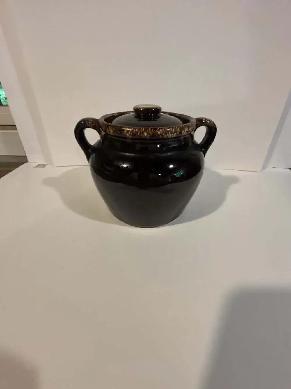 Vintage USA Brown Drip Glaze Stoneware Bean Pot with Lid